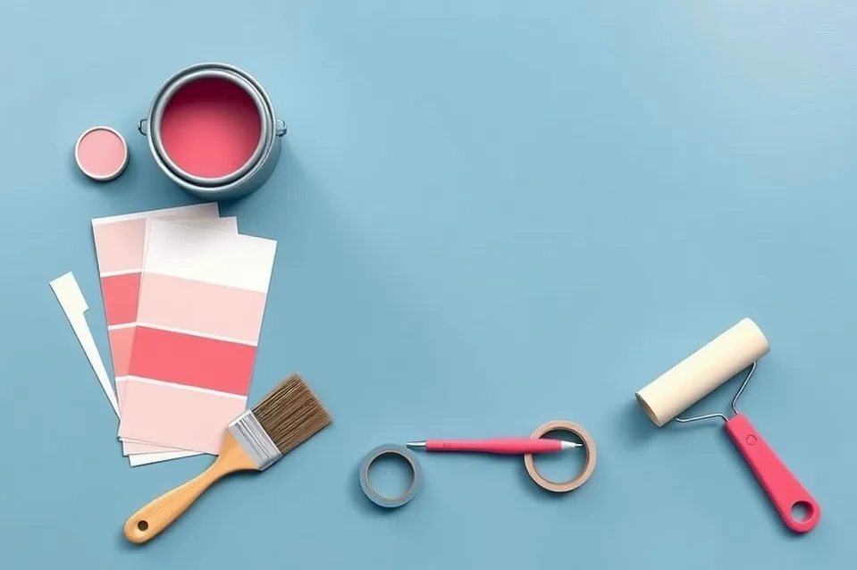 Pots de peinture, nuancier, brosses et rouleaux disposés à plat
