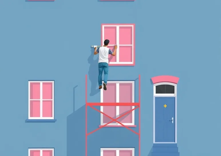 Peintre sur échafaudage traitant la façade d'une maison